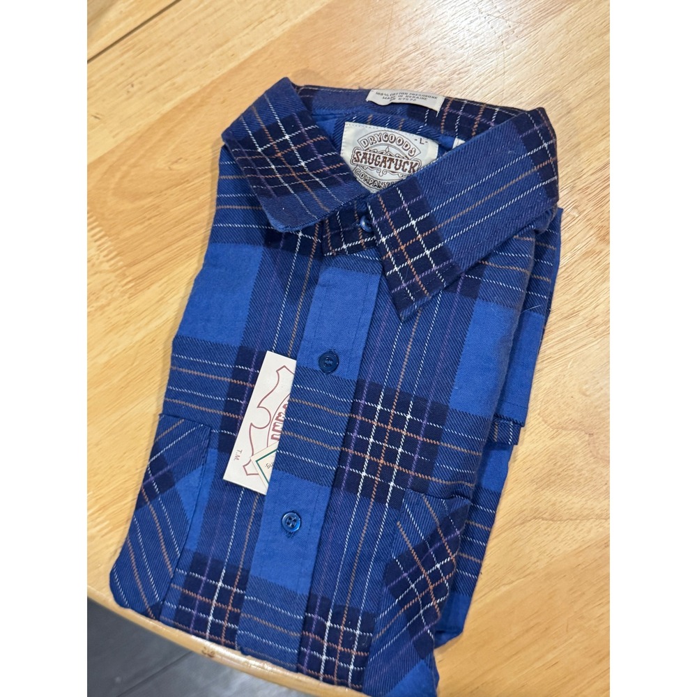 90s Deadstock Saugatuck Dry Goods Button-Up Flannel Shirt Navy Plaid Large L NWT